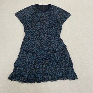 Madewell Lined Mini Tiered Ruffle Dress Leopard Black/Blue Short Sleeve Sz 8